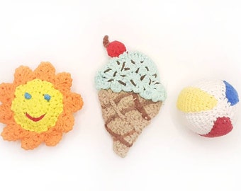 Made to Order August Dooking Fun Handmade Crochet Ferret Baby Toys: Sunny Sun Rattle, Beach Ball Jingle Ball, Crinkle Ice Cream Waffle Cone