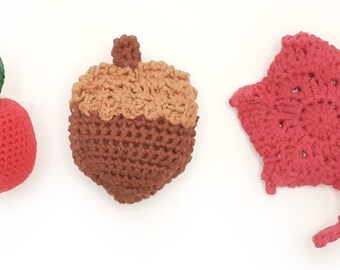Made to Order September Dooking Fun Handmade Crochet Ferret Baby Toys: Acorn Rattle, Harvest Red Apple Jingle Ball, Crinkle Autumn Fall Leaf