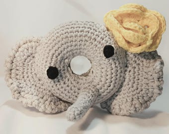 Crochet Grey Elephant Donut Baby Toddler Rattler Toy Amigurumi Stuffie, made with cotton yarn and washable