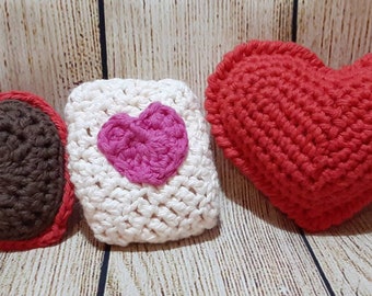 Made to Order - February Handmade Crochet Ferret Baby Toys “Cookie” Sweet Treat Rattle, Heart Jingle Ball, Crinkle Valentine Envelope