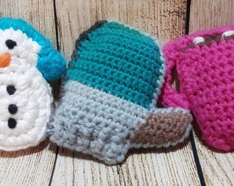 Made to Order - January Crochet Ferret Cat Toys: Snowman Hot Cocoa Mitten / Crinkle Material, Jingle ball, rattle