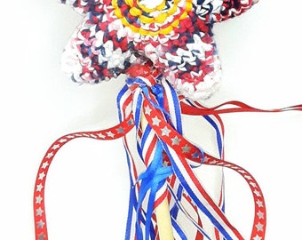 Star Crochet Handmade Kitty Cat Ferret Jingle Ball Wand/Kicker Toy * Patriotic July Fourth Star Nautical with Wood Dowel * Fun Enrichment