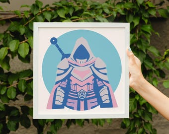 May include: A framed print depicting a robed figure in armour, with a sword. The design uses shades of blue, pink, and grey against a light blue circle background. The artwork is in a white frame.