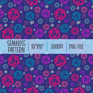 May include: Seamless pattern featuring geometric dice in shades of pink, blue, and purple on a dark blue background. The design includes the numbers 1 and 20, along with stars. The text "SEAMLESS PATTERN 10"X10" 300DPI PNG FILE" is displayed.