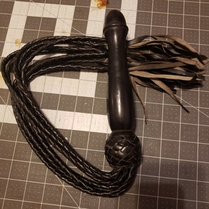 Black genuine leather wood handled flogger cat o nine
