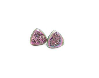 Pink Titanium Druzy Stud Earrings Sterling Silver, Triangle Druzy Quartz Earrings Studs 10mm,  Boho Jewelry Gift for Sister