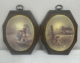Plaque vintage faite main en verre perlé avec motif de ferme en bois - 5 x 6 po. Lot de 2