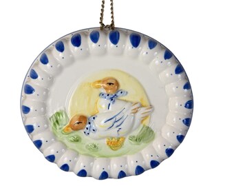 Vintage Ceramic Duck Goose Wall Pocket Planter Blue White Hanging Cottagecore