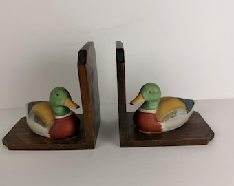 Sujetalibros vintage de pato ánade real, madera, cabaña, decoración rústica de caza