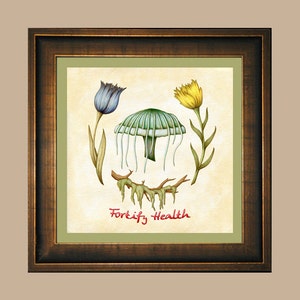 Fortify Health - Skyrim Glowing Mushroom, Blue & Yellow Mountain Flower, Hanging Moss Watercolor Print - Botanical Elder Scrolls Video Game