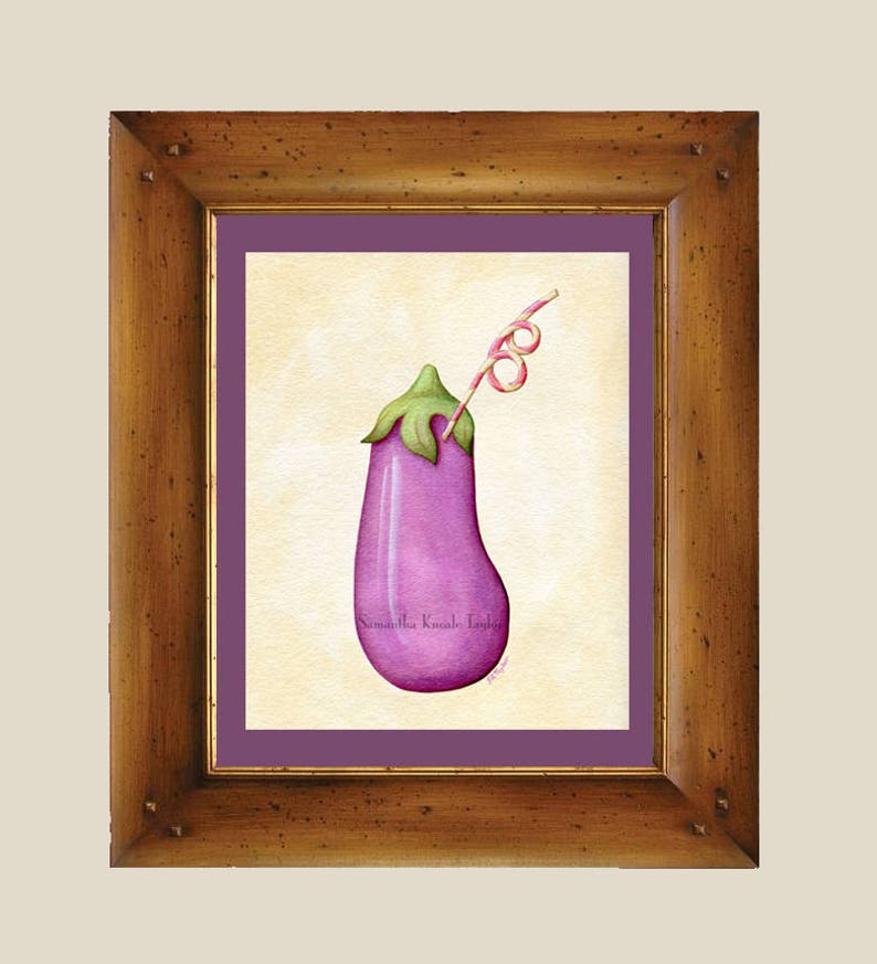 eggplant & silly straw absurd vegetable art kitchen decor | etsy