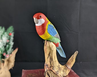 Handcrafted Eastern Rosella Wood Carving, Colorful Bird Sculpture, Exotic Avian Decor, Nature-Inspired Art, Unique Home Accent, Wood Parrot