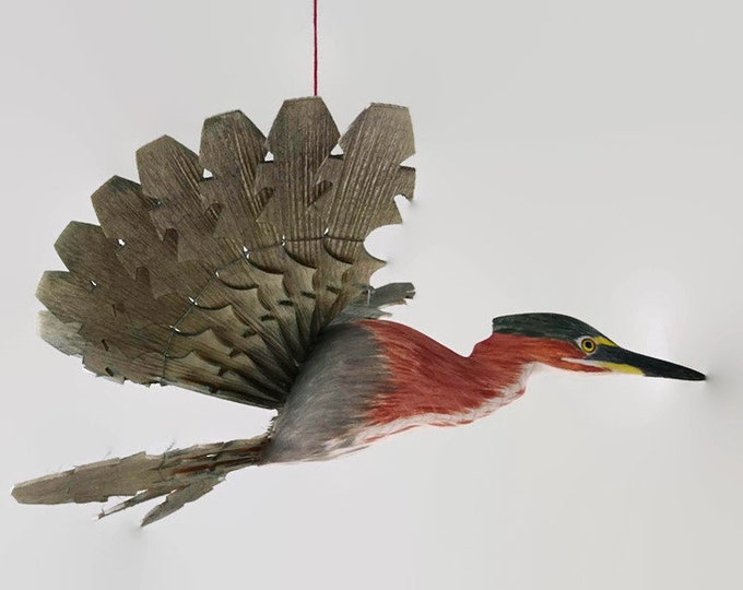 Heron Wood Carving Bird Mobile Green Heron Fan Bird Carving Etsy