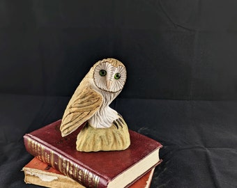 Barn Owl Wood Carving - 5.6" Owl Sculpture, Wooden Bird Art, Home Decor and Gift,  Hand Carved Owl Figurine, Nature-inspired Rustic Decor