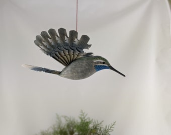 Hand Carved Bird Mobile, Blue Throated Hummingbird Wood Carving, Hanging Decor, 5th Anniversary Wooden Bird, Fan Bird Figurine Wood Craft