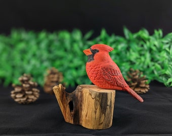 Red Cardinal Wood Carving, Songbird Figurine, Lifelike Avian Sculpture, Songbird Wood Decor, Carved Songbird, Handcrafted Cardinal Art Decor