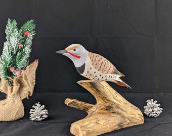 Northern Red Shafted Flicker Wood Carving, Wildlife Bird Decor, Handcrafted Woodpecker, Handmade Flicker, Anniversary Gift, Avian Sculpture