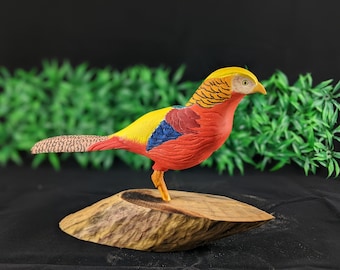 Hand Carved Pheasant , Colorful Exotic Beauty: Handcrafted Golden Pheasant Wood Carving - Vibrant Avian Sculpture, Bird Carving Wood Art
