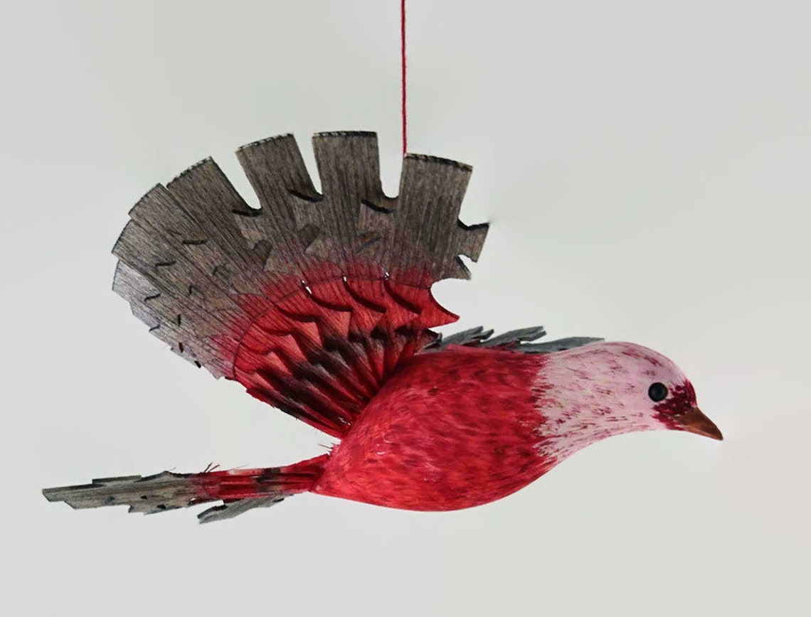 Wood Mobile Fan Bird Carving Art Pink Headed Warbler Bird Etsy