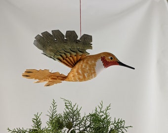 Handcrafted Rufous Hummingbird Wood Carving, Bird Mobile Decor, Carved Hummingbird, 5th Anniversary Gift, Wedding Bird Decor, Fan Bird Art