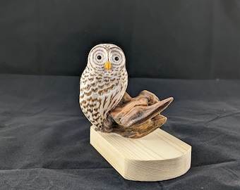 Small Barred Owl Wood Carving on Driftwood, Handcrafted Owl Sculpture, Small Owl Figurine, Carved Owl, Wooden Bird Art, Home Decor and Gift