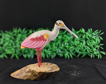 Roseate Spoonbill Wood Carving, Handmade Bird, Exquisite Bird Sculpture, Folk Craft Shorebird, Hand Carved Bird, Pink Avian Lake House Decor