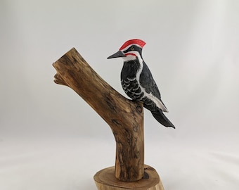 Pileated Woodpecker Carving, Lifelike Avian Figurine, Handcrafted Wood Art, Unique Decor, OOAK Woodpecker, 5th Anniversary Gift Idea