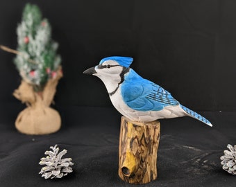 6" Blue Jay Wood Carving on Driftwood, Handcrafted Avian Sculpture, Nature-Inspired Art, Handcrafted Blue Jay, Carved Songbird Artwork