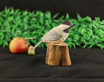 Black Capped Chickadee Songbird Wood Carving, Lifelike Avian Figurine, Songbird Wood Decor, Carved Songbird, Handcrafted Chickadee Art Decor