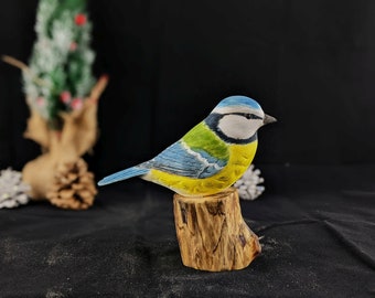 5" Blue Tit Wood Carving on Drifted Wood, Wood Bird Sculpture, Carved Song Bird, Songbird Decor, Handmade Bird Carving, 5th Anniversary Gift