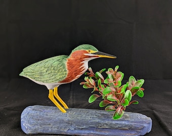 Heron Wood Carving on Driftwood, Carved Green Heron, Hand Carved Bird Decor. Wading Bird Carving, Carved Bird Sculpture House Decor, OOAK