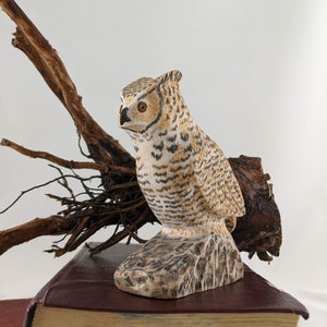 Carved Owl Figurine Decor, Great Horned Owl Wood Sculpture Owl Carving, Wooden Bird Art, Home Decor and Gift,  Hand Carved Owl Bird Figurine