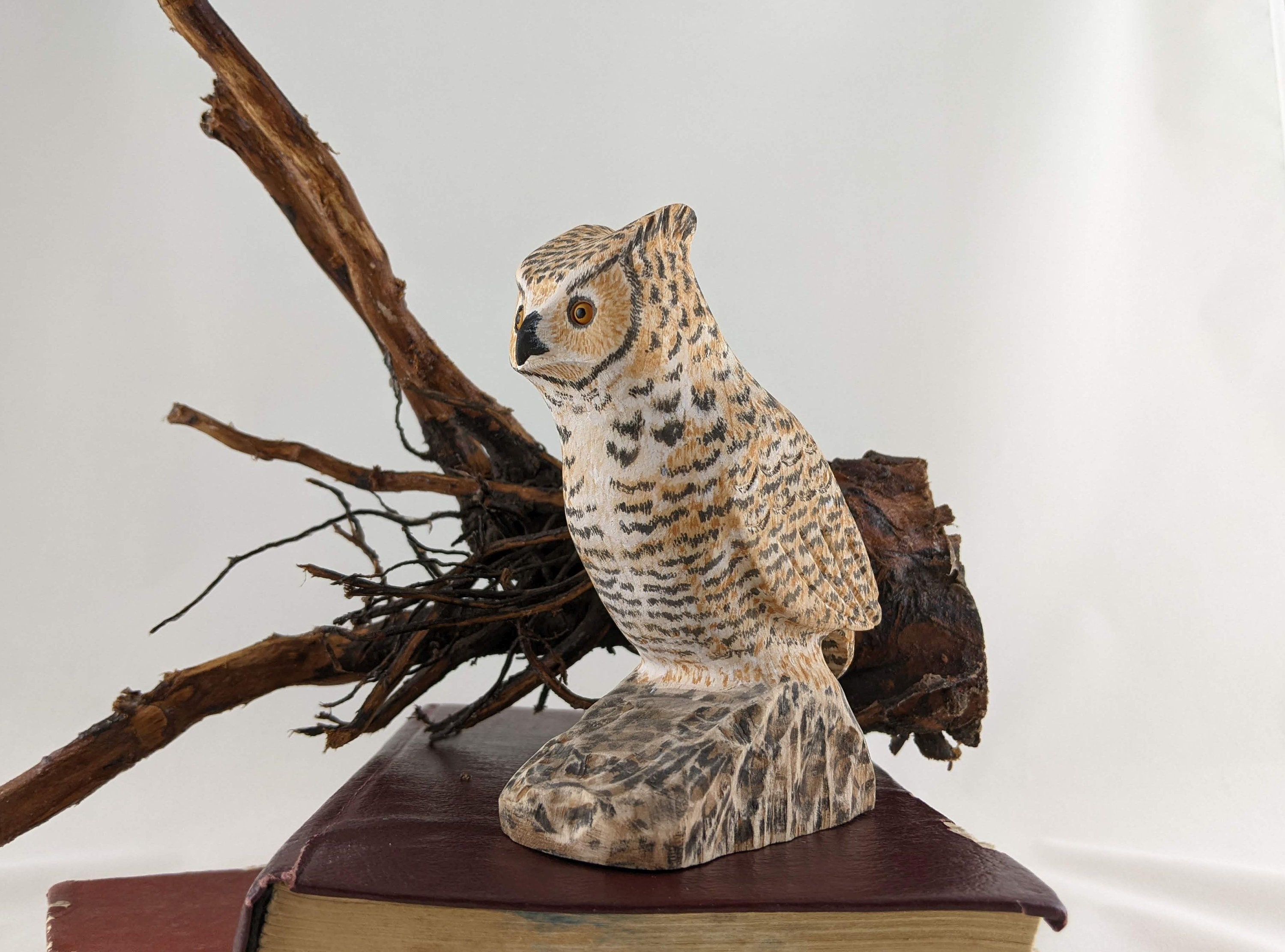 Carved Owl Figurine Decor, Great Horned Owl Wood Sculpture Owl Carving, Wooden Bird Art, Home Decor 
