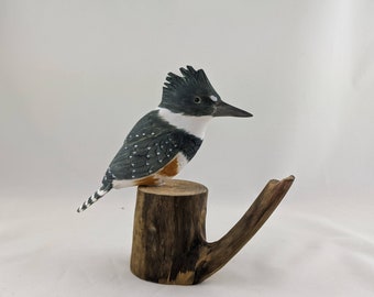 Handcrafted 7" Belted Kingfisher Wood Carving, Carved Kingfisher Home Decor Artwork, Nature-Inspired Bird Decor Accent, OOAK Bird Carving