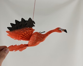 American Flamingo Fan Bird Carving, Handmade Bird, Tropical Bird Decor, Wood Anniversary, Exquisite Fan-Shaped Wings, Beach House Decor