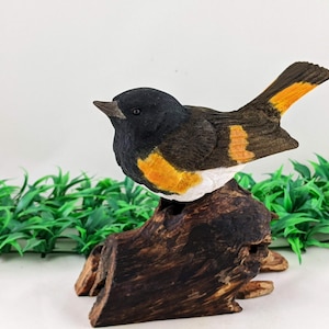 Hand-Carved American Redstart: Wooden Songbird Sculpture on Driftwood