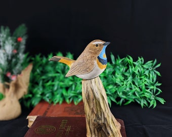 Handcrafted Bluethroat Songbird Wood Carving on Driftwood Log, Carved Songbird, Handmade Bird Wood Sculpture, Bird Wood Carving, Home Decor