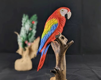 9" Scarlet Macaw Parrot Wood Carving - Driftwood Perch, Handcrafted Avian Sculpture, Carved Macaw, Handmade Bird, Carved Wood Parrot