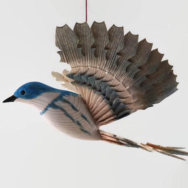 Hand Carved Cerulean Warbler Wooden Fan Bird, Woodland Mobile Wood Carving, Handmade Song Bird Hanging Décor, Birthday Gift,  Bird Mobile