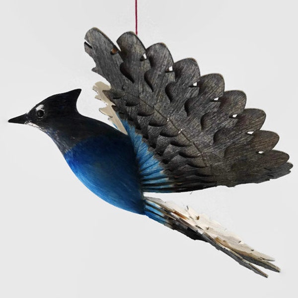 Fan Bird Mobile, Hand Carved Bird, Steller's Jay Woodland Wood Decor, Bird Figurine Artwork, 5th Anniversary Gift, Mid Century Bird Carving