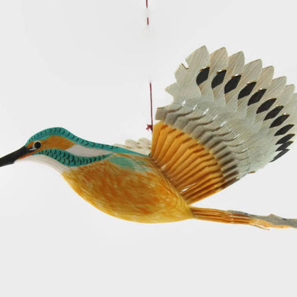 Wooden Kingfisher Hand Carved Fan Bird Mobile, Wood Anniversary Gift, Flying Bird Décor, Handmade Art Craft Hanging Ornament, OOAK Woodwork