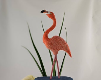 American Flamingo Wood Carving, Hand Carved Lifelike Bird Sculpture, Wading Bird Art Decor, Unique Bird Artwork, Nature-Inspired Home Decor