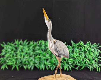 Great Blue Heron Wood Carving, Hand Carved Heron, Lifelike Bird Sculpture, Coastal Home Decor, Unique Avian Artwork, Wading Bird Art Carving