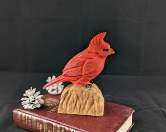 Red Cardinal Wood Carving, Carved Songbird Figurine, Artistic Songbird Sculpture, Songbird Wood Decor, Handcrafted Cardinal Art Decor