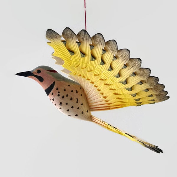 Wooden Bird Hanging Mobile, Hand Carved Bird Northern Flicker Wildlife Woodwork, Handmade Fan Bird Carving, 5th Anniversary, Folk Art Craft