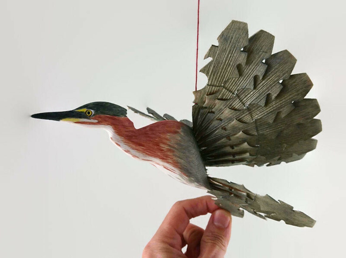 Heron Wood Carving Bird Mobile Green Heron Fan Bird Carving Etsy