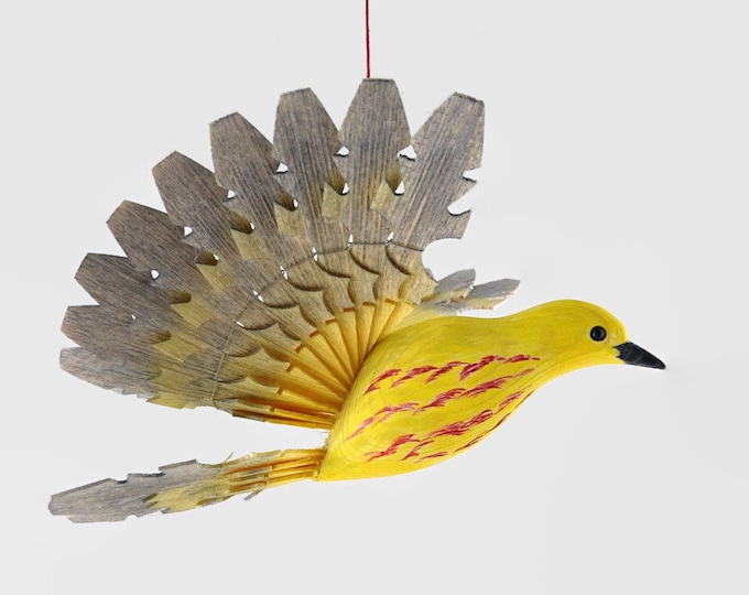 Carved Wood, Fan Bird Carving, Yellow Warbler Woodland Mobile, Wooden Bird, Handmade Bird Folk