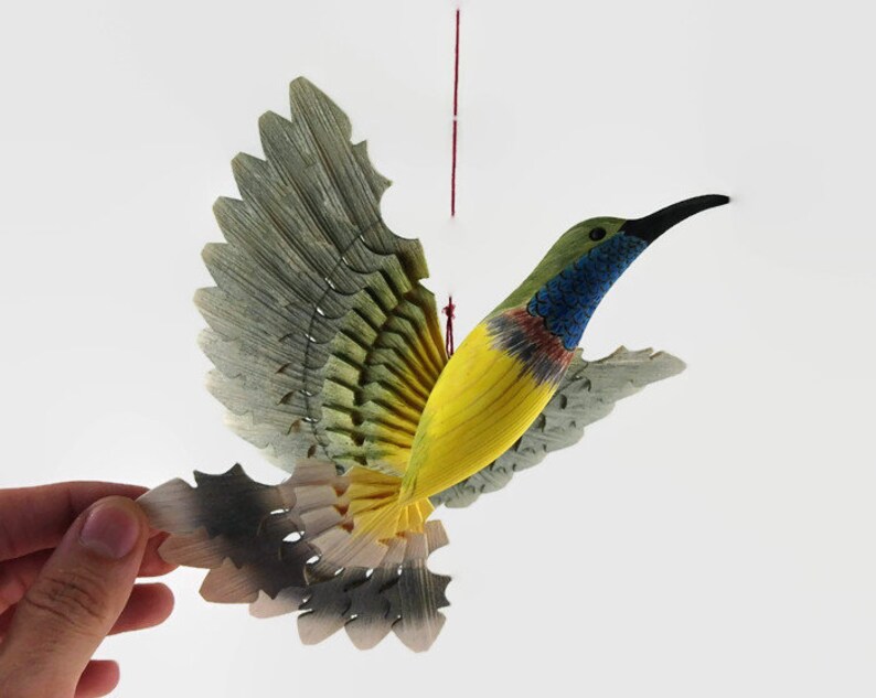 Hand Carved Bird Mobile Olive Backed Sunbird Wood Carving Fan Bird Ornament Bird Wood Craft 5th Anniversary Woodwork Hanging Bird Decor