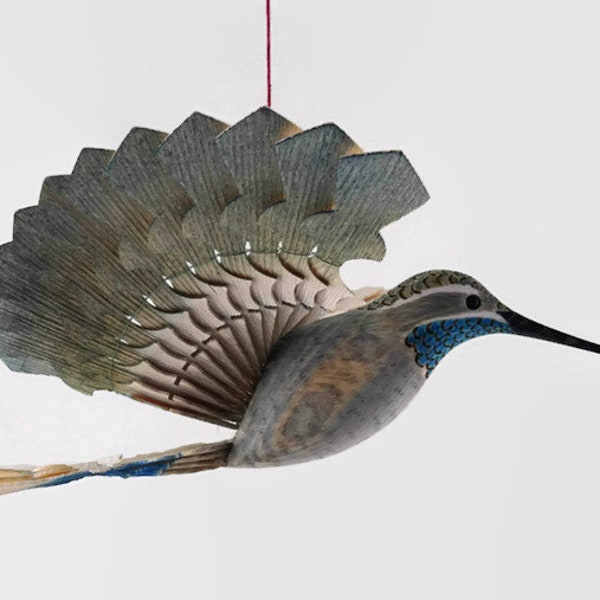 Hand Carved Bird Mobile, Blue Throated Hummingbird Wood Carving, Hanging Decor, 5th Anniversary Wooden Bird, Fan Bird Figurine Wood Craft
