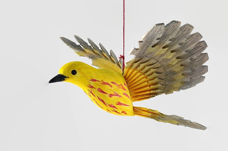 Carved Wood Fan Bird Carving Yellow Warbler Woodland Mobile Etsy